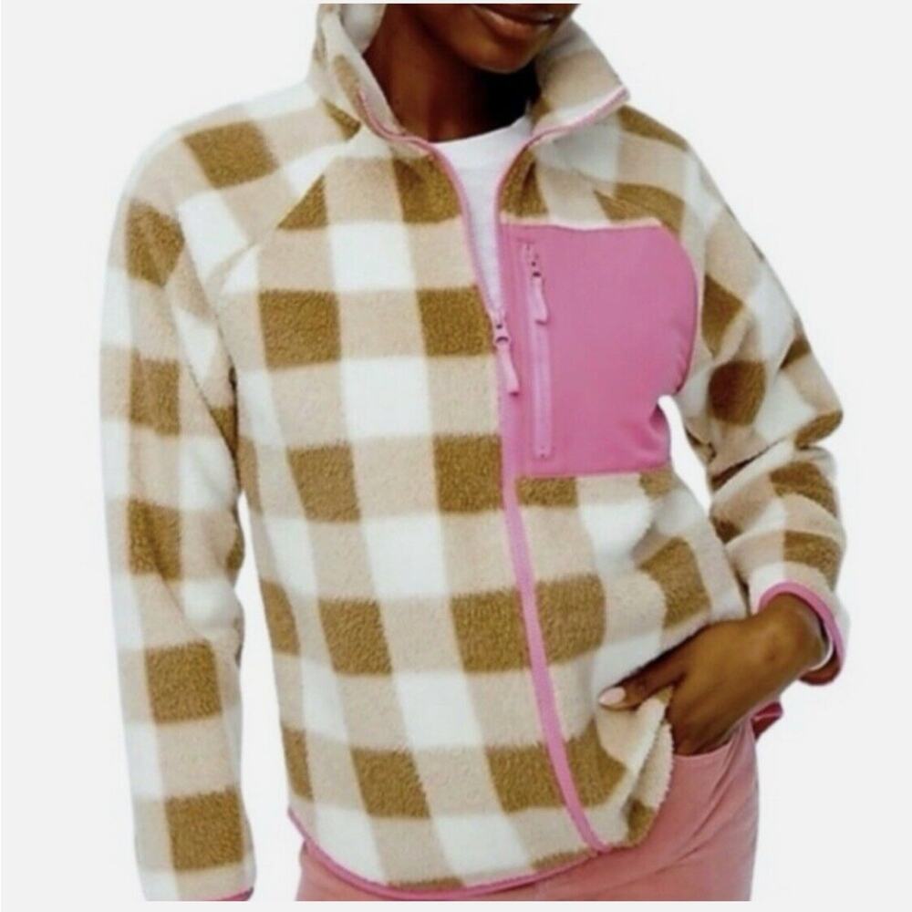 J.Crew Tan & White Check Plaid Fleece Zip Up Jacket Size M - Picture 4 of 13